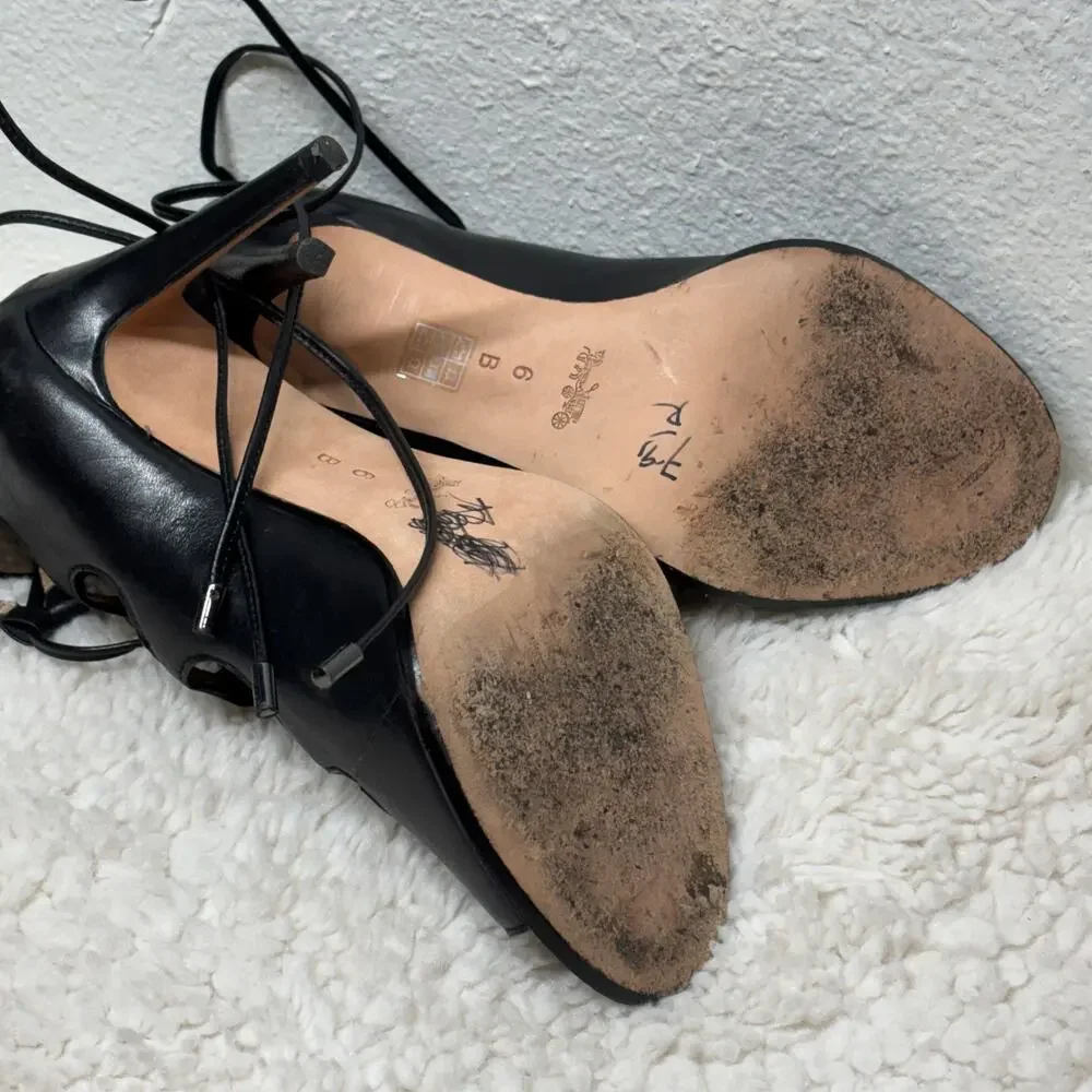 Coach Kira Stiletto Heels Womens 6B Black Leather Gladiator Lace-Up Peep Toe